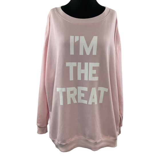 WILDFOX Pink Cotton Blend "I'm The Treat" Graphic Print Pullover Sweatshirt Sz L - Picture 1 of 9